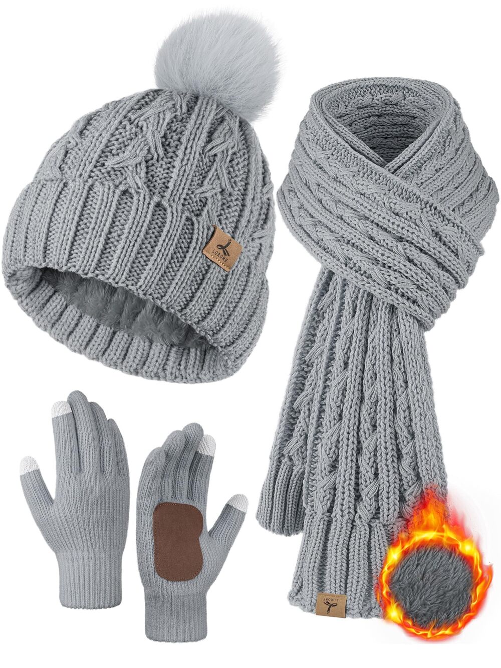 6994 Winter Hat Scarf Gloves Set,Fleece Lined Pom Pom Beanie Hat Warm Knit